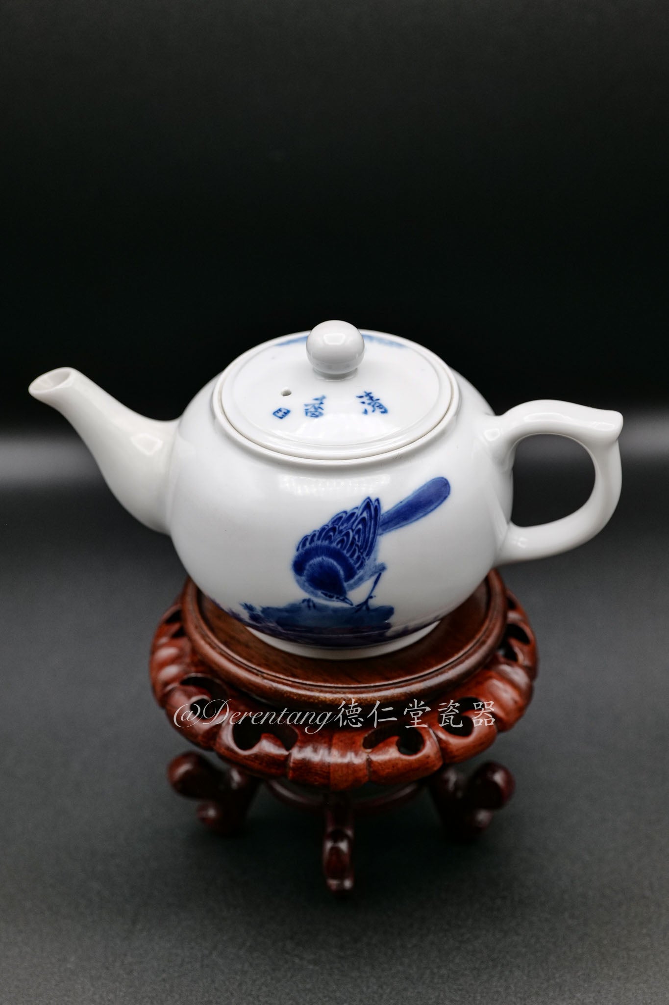 Blue and White Glazed Bird Handmade Flat Teapot Set  青花釉小鸟壶手工扁壶套件