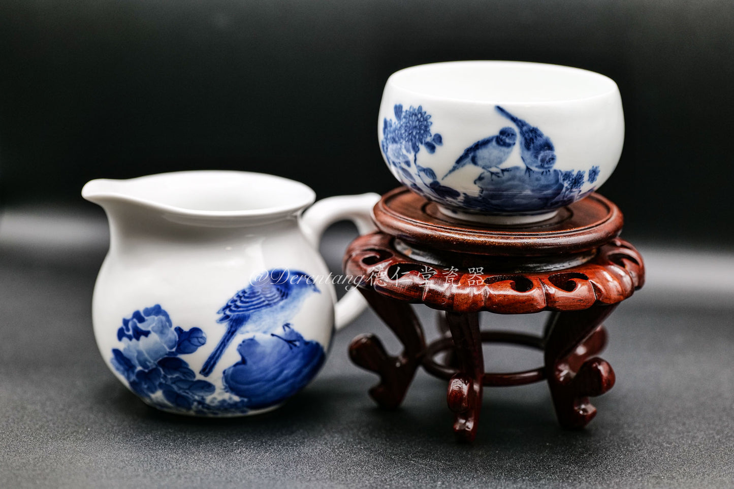 Blue and White Glazed Bird Handmade Flat Teapot Set  青花釉小鸟壶手工扁壶套件