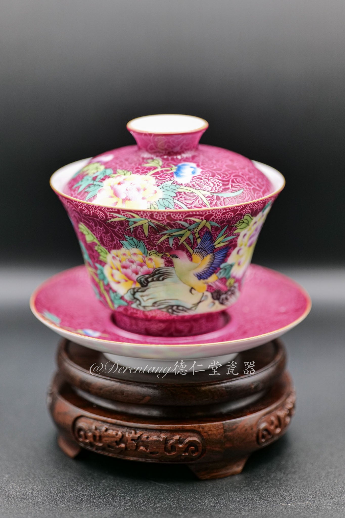 Hand Crafted Three-Piece Covered Tea Cup 高仿手工胭脂粉三件套盖碗