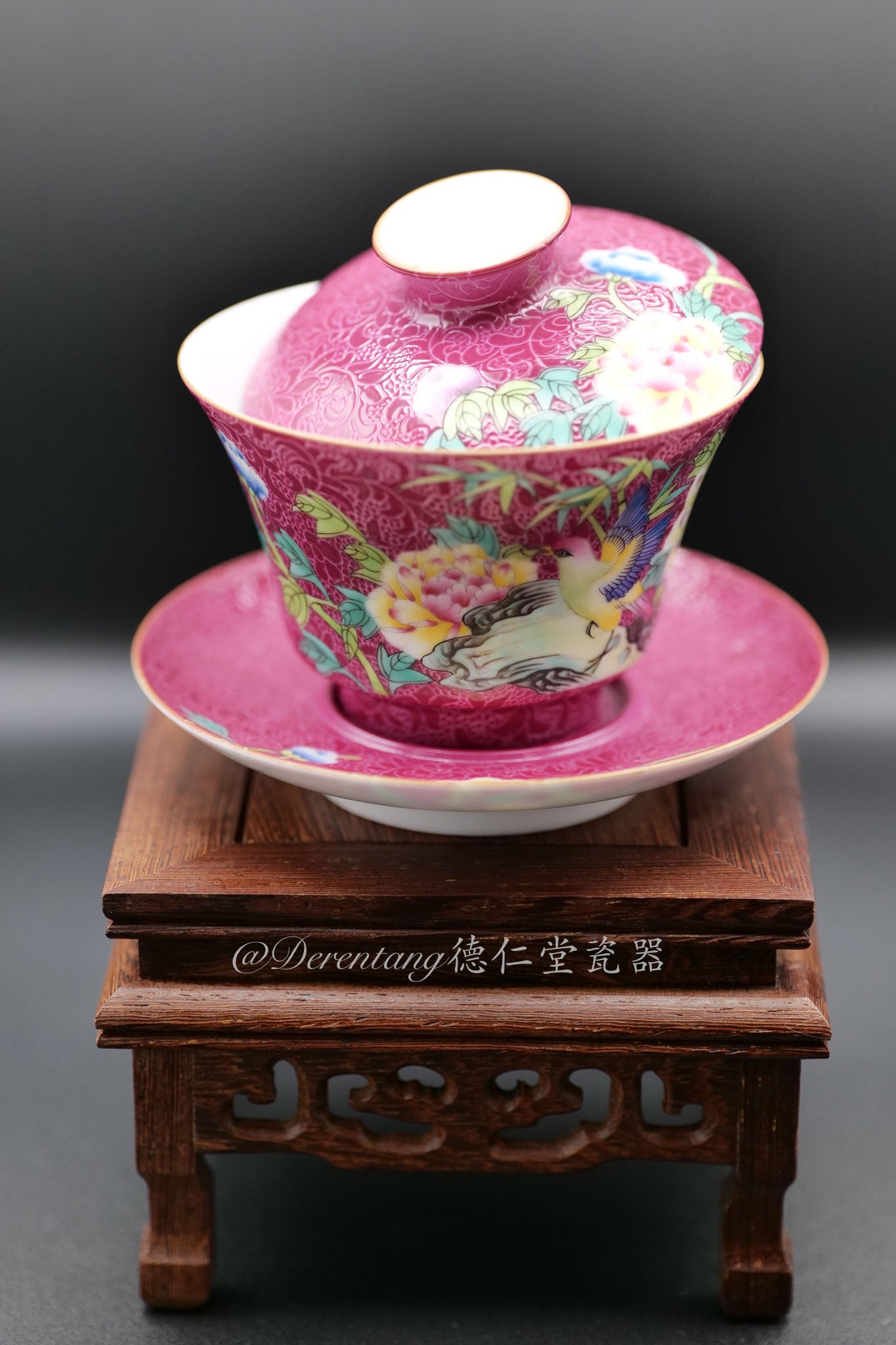 Hand Crafted Three-Piece Covered Tea Cup 高仿手工胭脂粉三件套盖碗