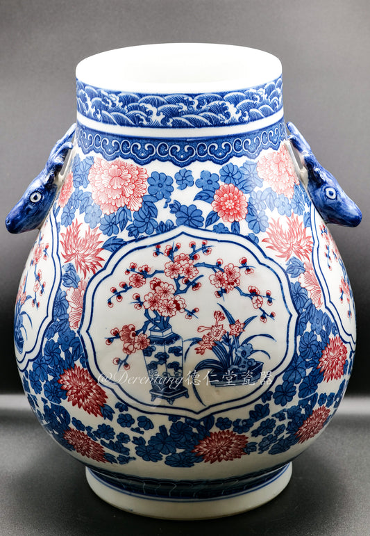 Blue and White Double-Handled Fu Lu Vase 青花开堂双耳福禄瓶