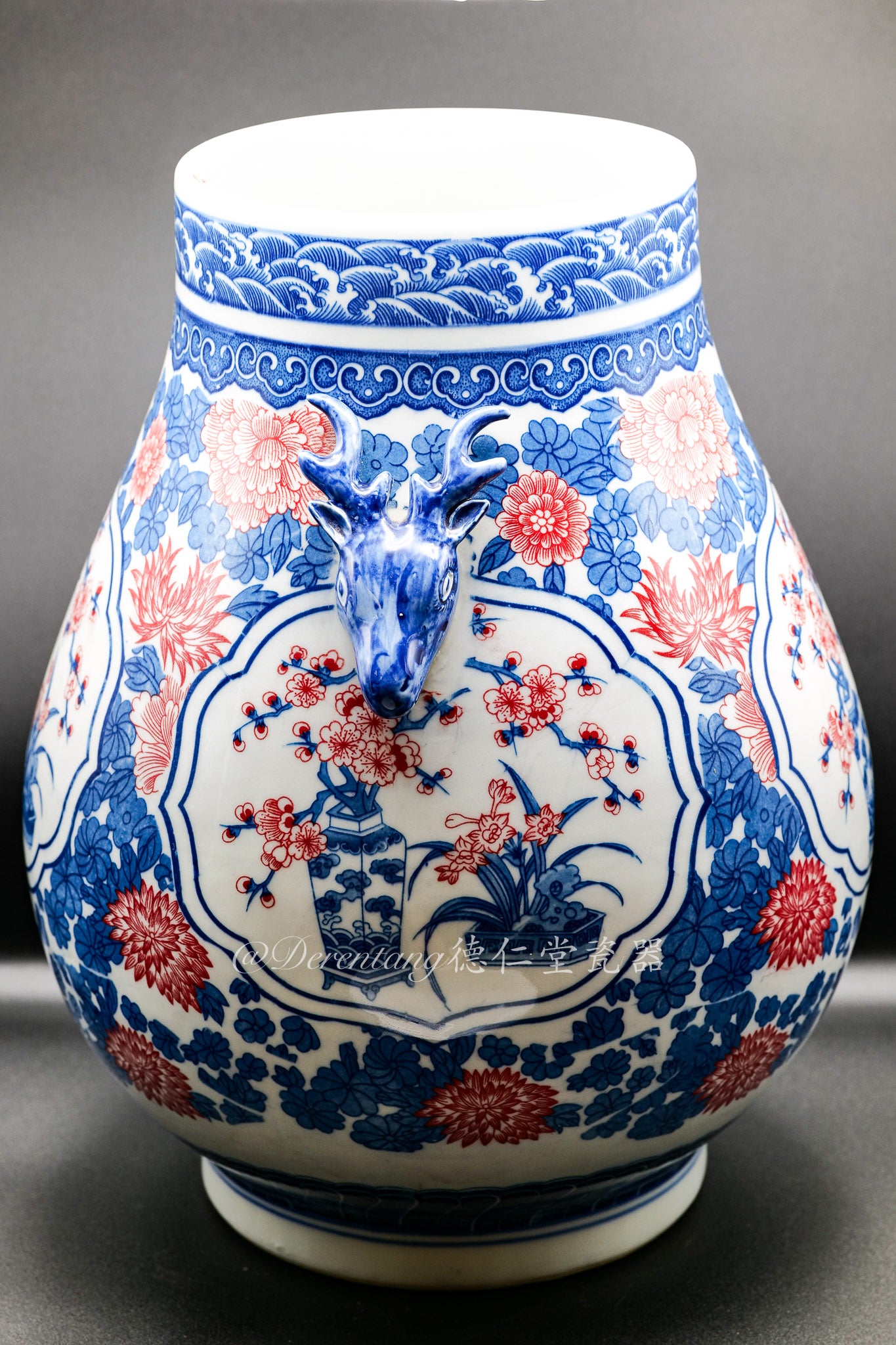 Blue and White Double-Handled Fu Lu Vase 青花开堂双耳福禄瓶